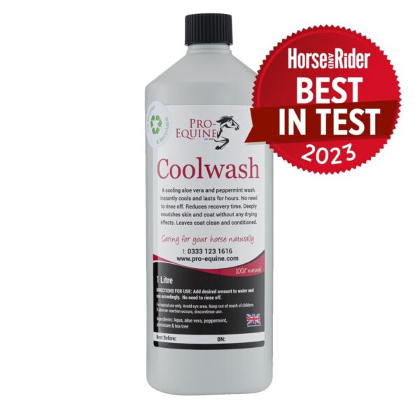 Coolwash is a peppermint and Aloe Vera wash for after exercise. It nourishes the skin and coat without drying it out