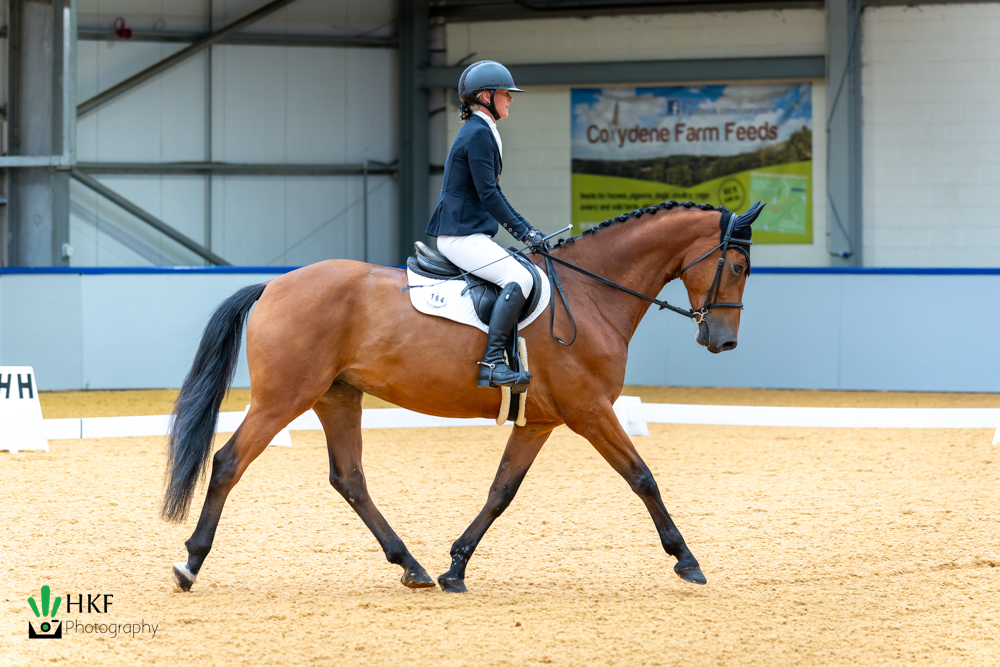 Female equestrian in a navy jacket and helmet rides a bay horse in a sandy indoor arena with a banner in the background.