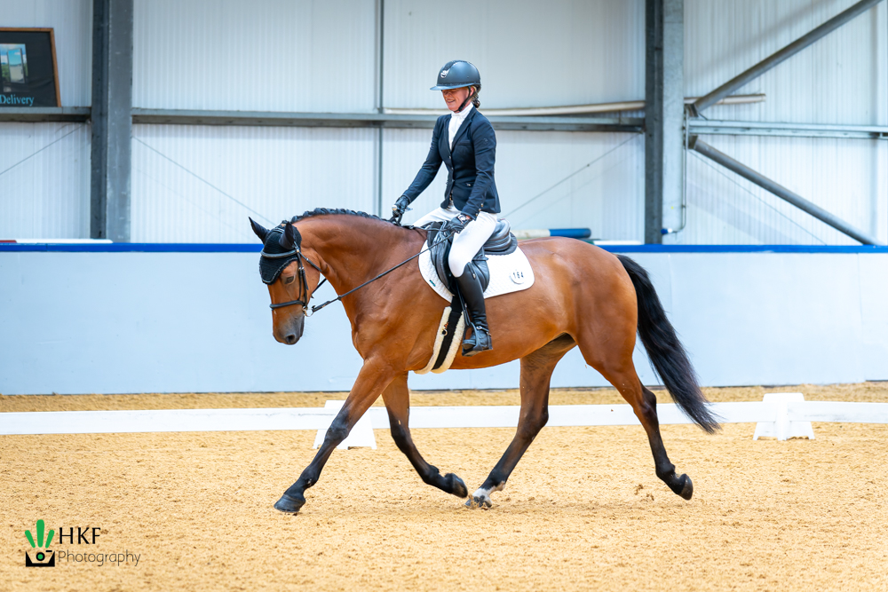 Female rider in a helmet and navy jacket on a bay horse with a white saddle pad trotting in an indoor arena.