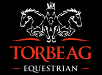 Torbeag Equestrian branding logo with a crowned rider between two white horses, red 'TORBEAG' text, and white 'EQUESTRIAN' on black background.